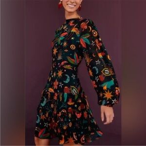 NWT🌙✨Farm Rio Black Cerrado Sky Celestial Printed Ruffle Mini Dress SMALL